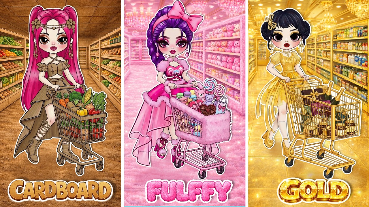 Huntrix Glow Up in Cardboard, Golden & Fluffy Shopping Supermarket Fashion | DIY Fashion Paper Dolls