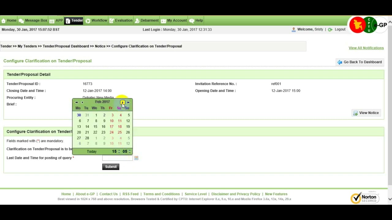 2.5.3 PE User : Tender Preparation : Tender Clarification