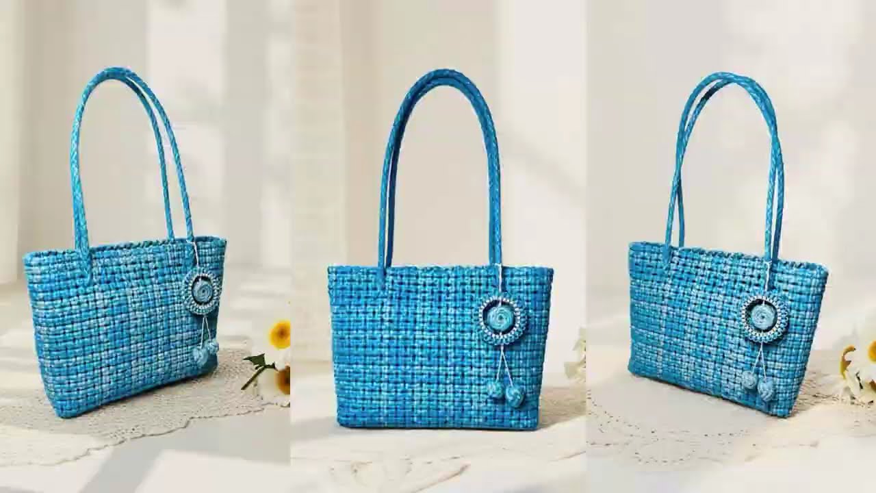 Handwoven Gradient Blue Plastic Wire Tote Bag, DIY Summer Weaving Finished Look