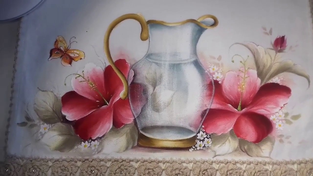 Pintura em Tecido. Aprenda Pintar Hibisco Vermelho e Folhas.