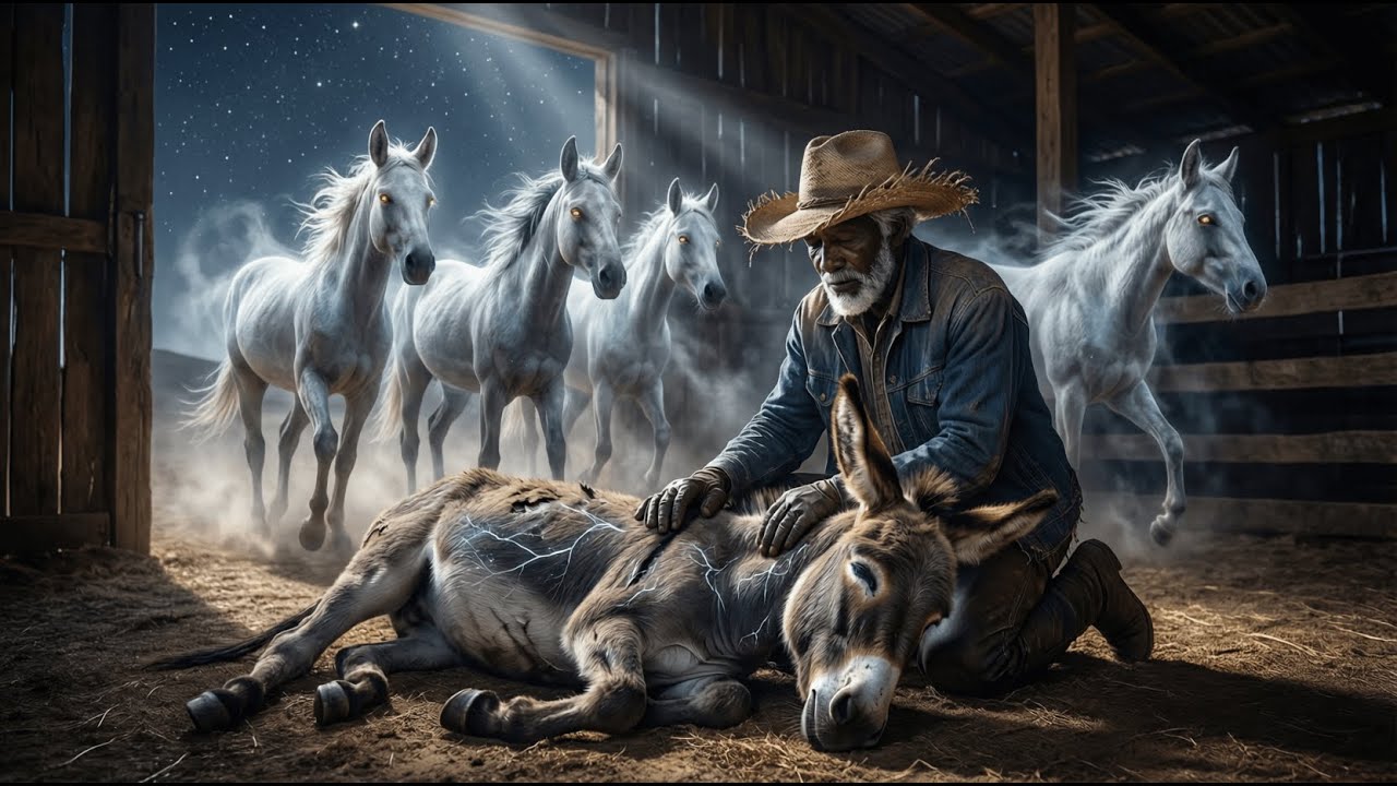 “A Lone Cowboy Fed a Starving, Forsaken Donkey Each Day — Then  Ghostlike Mustangs Walked Stable”,,.