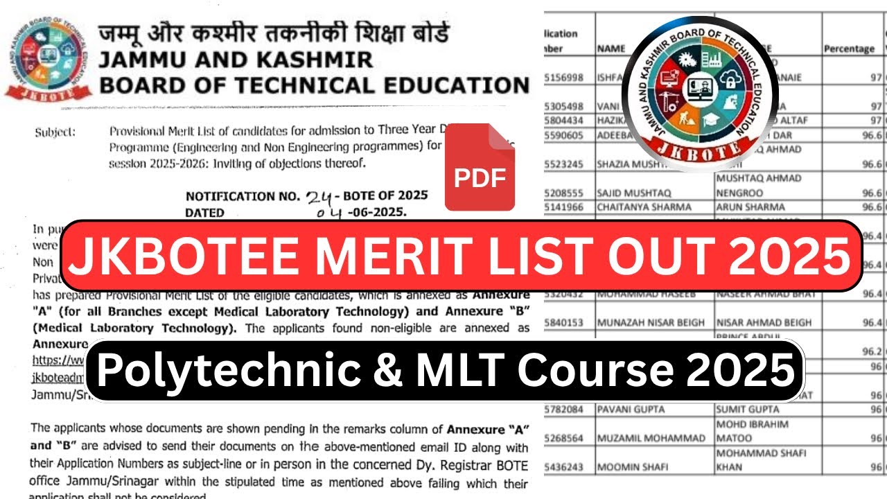 JKBOTE Mlt & Polytechnic Merit List Released For 225 Admissions Check Complete Detailed Information