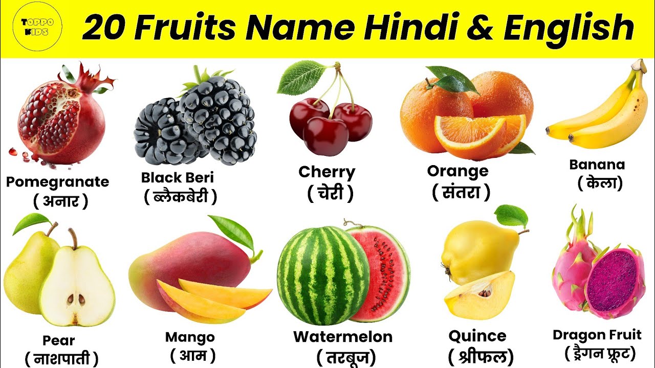 20  फलों के नाम | Learn Fruits Name | FruitName English Hindi | Fruits Name with pictures video 