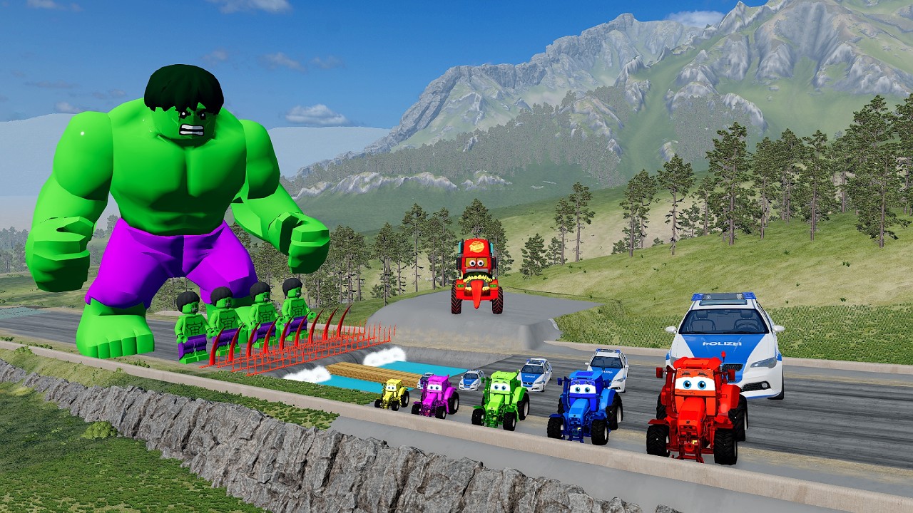 Big & Small Tractor & Police Car vs Zombie Mack & LEGO Hulk – Giant Water Pit - BeamNG.drive