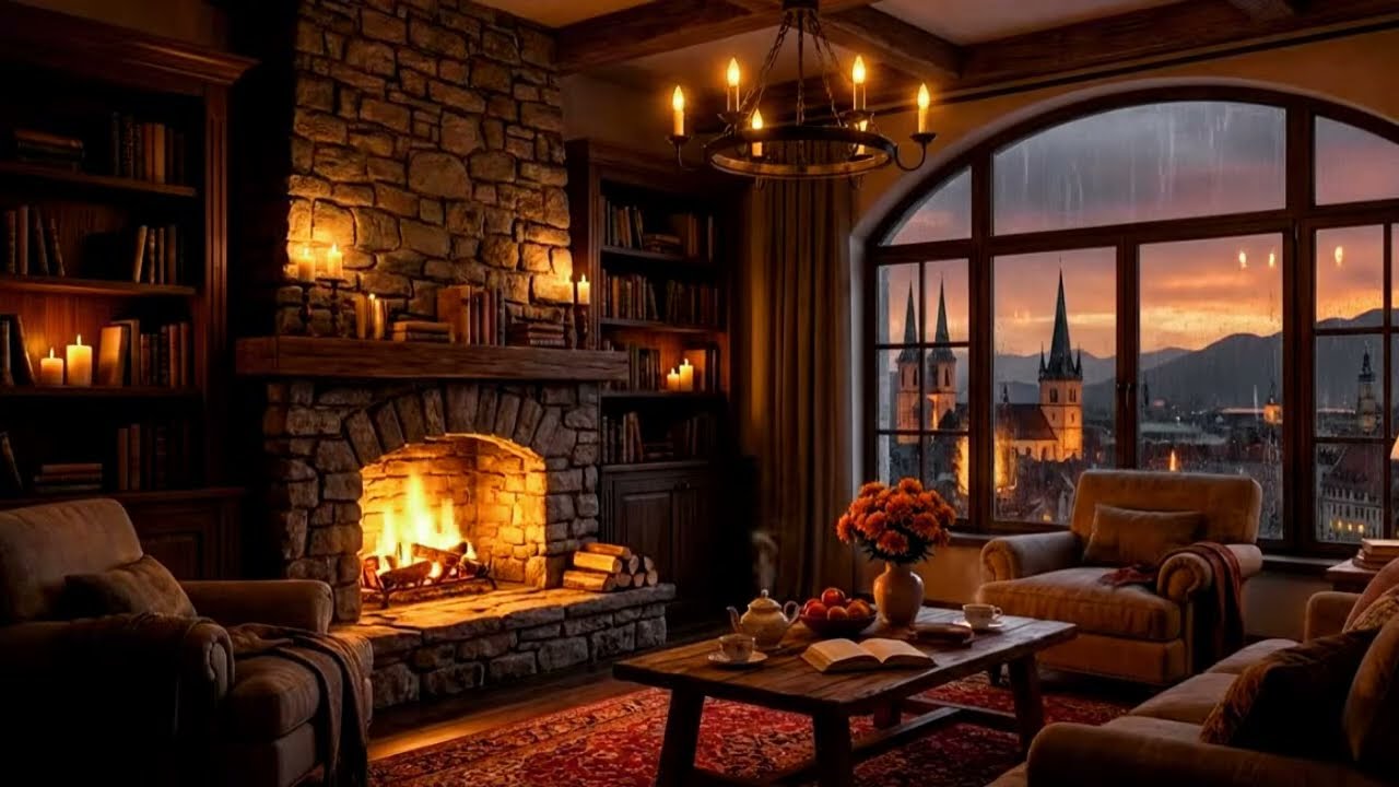 Cozy Fireplace Ambience with Rain  Warm Cabin Evening & City Sunset View