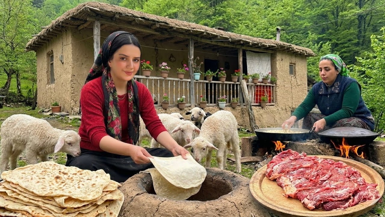 Rural life in IRAN; Cooking lavash bread with meat
