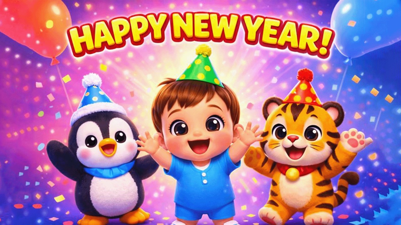 Happy New Year Song 🎉 | Baby, Penguin & Tiger | New Year Rhyme for Kids