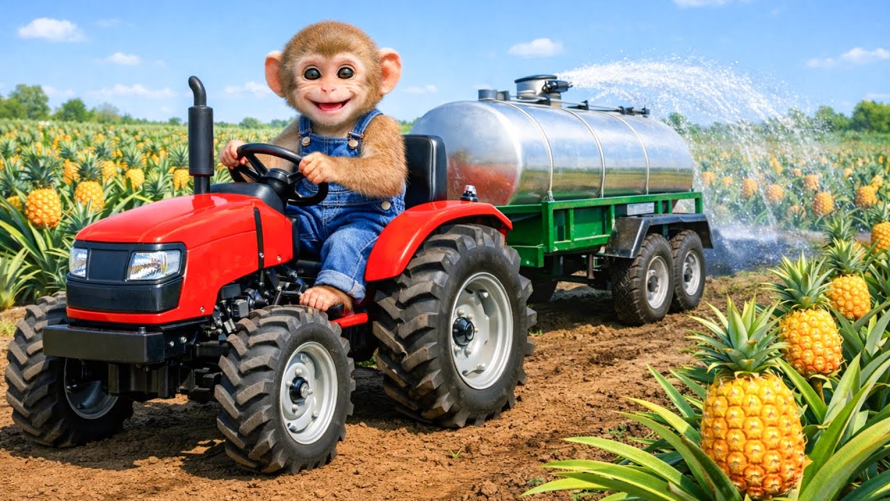 Monkey Farmer Saves a Dried Pineapple Farm with a Tractor! - Monkey Farm Work | MyNi Monkey Farm