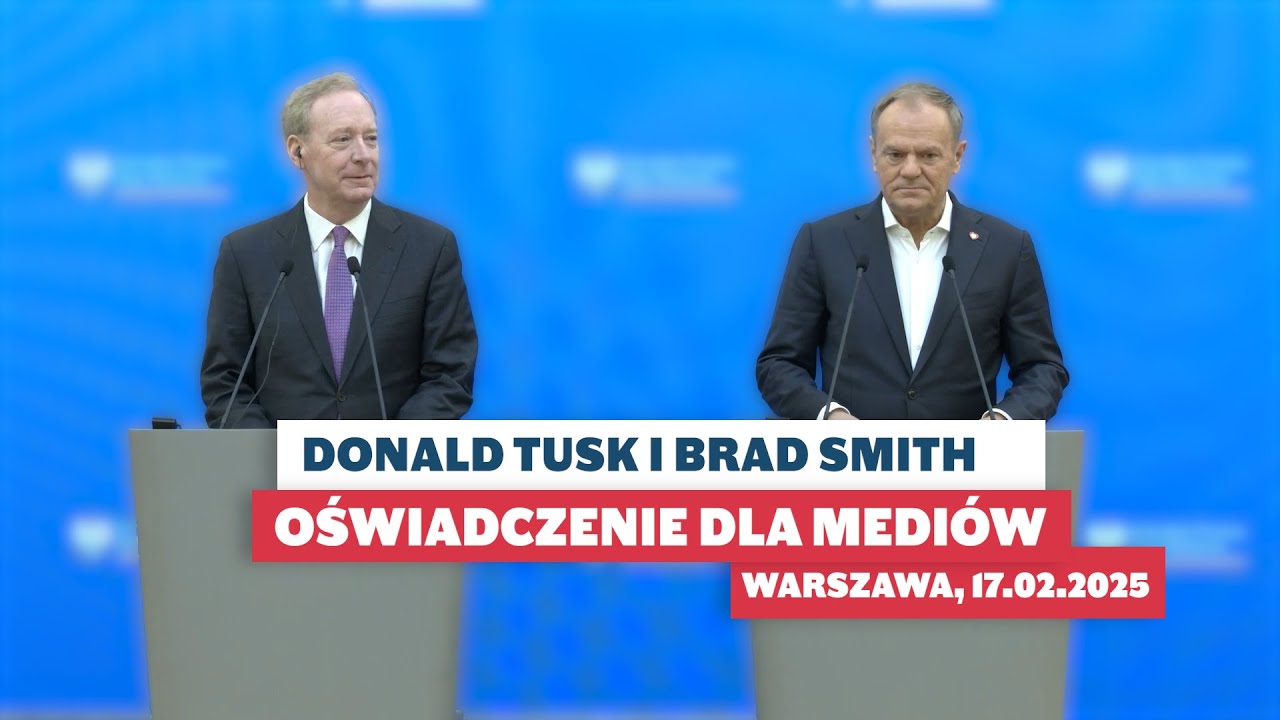 Donald Tusk i Brad Smith, prezydent Microsoft:  Oświadczenie dla medi&oacute;w, Warszawa, 17.02.2025