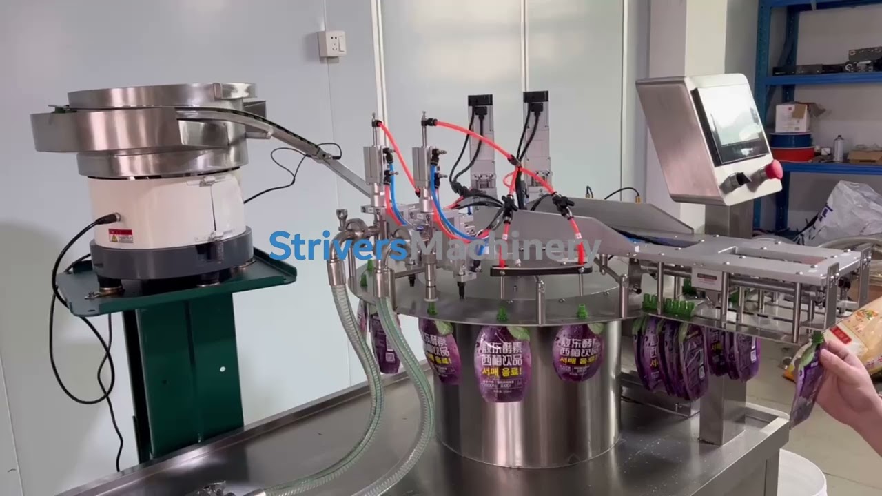 Automatic Double Head Self Standing Spout Bag Filling, Cap Feeding,and Capping Machine