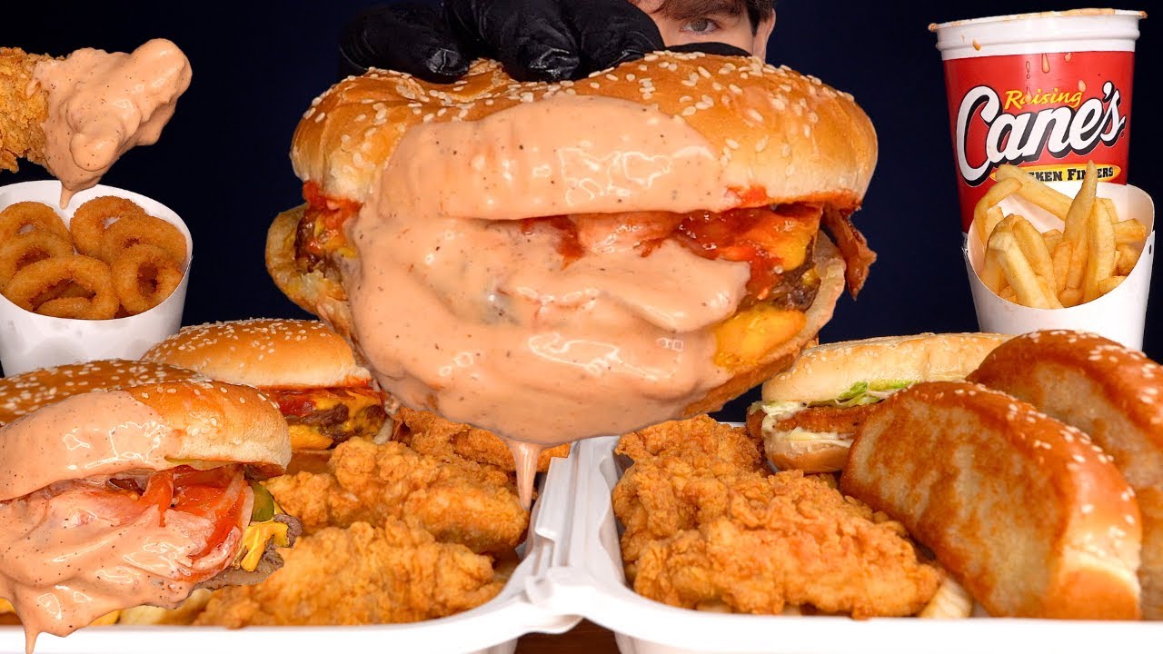 ASMR MUKBANG EXTRA CANES SAUCE BURGER KING BURGERS CHICKEN & FRIES | WITH CHEESE