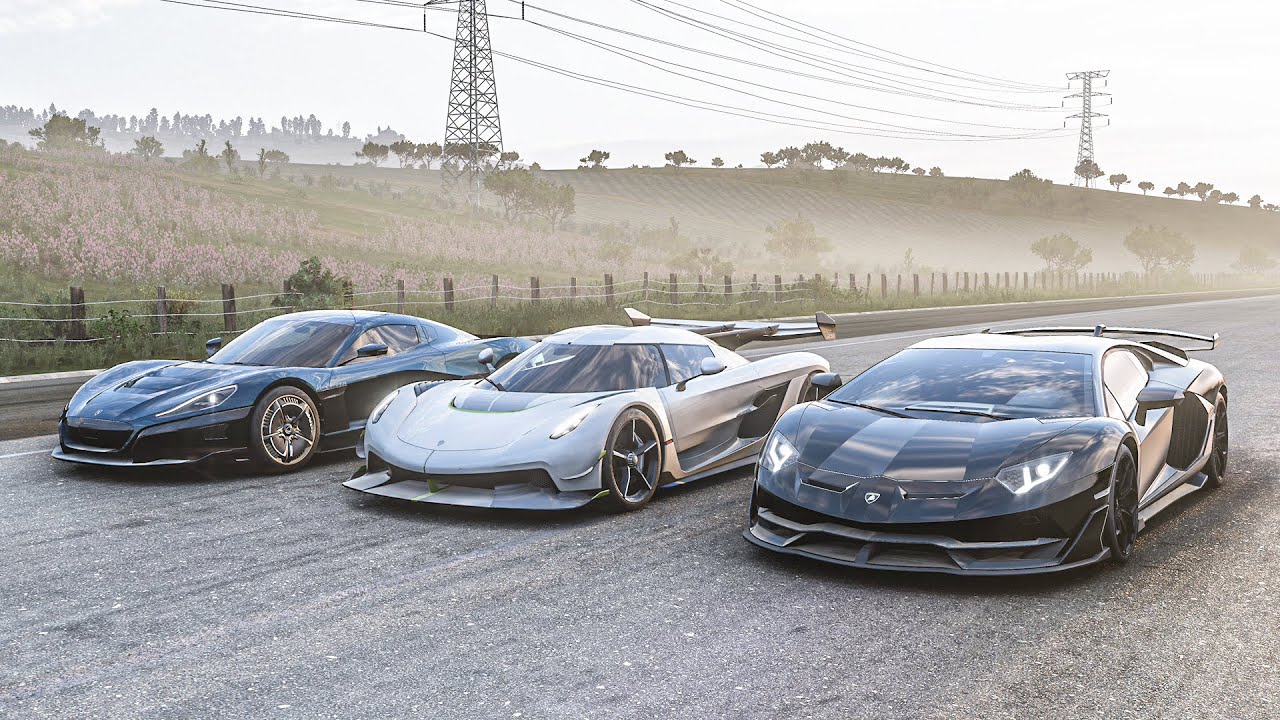 Forza Horizon 5 Drag race: Koenigsegg Jesko vs Aventador SVJ 1600 HP vs Rimac C2