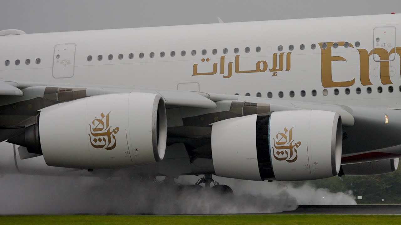 A380 WET LANDING In Slow Motion | Manchester Airport PlaneSpotting