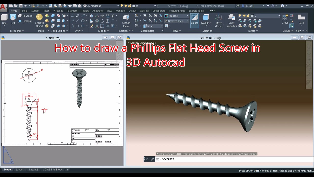 Как нарисовать винт с плоской головкой Phillips в 3D Autocad