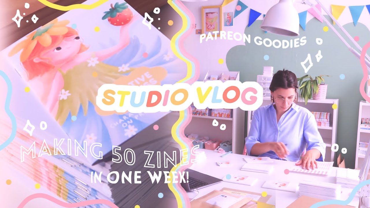 MAKING A ZINE! My process from creating to making them / Packing over 60 Patreon Boxes / STUDIO VLOG