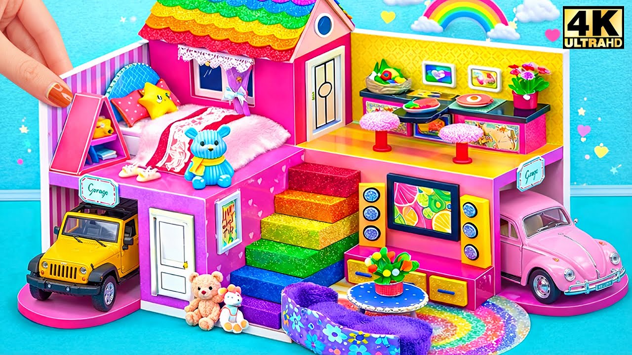 How To Make Rainbow Cute Pink Mini House from Cardboard 🌈 | DIY Miniature House