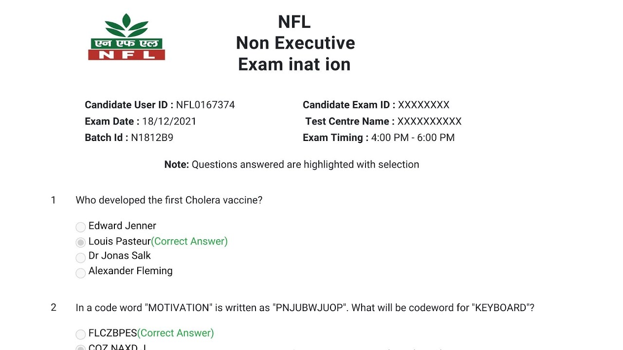 NFL Attendant Grade - I Question Paper Mechanical and Electrical