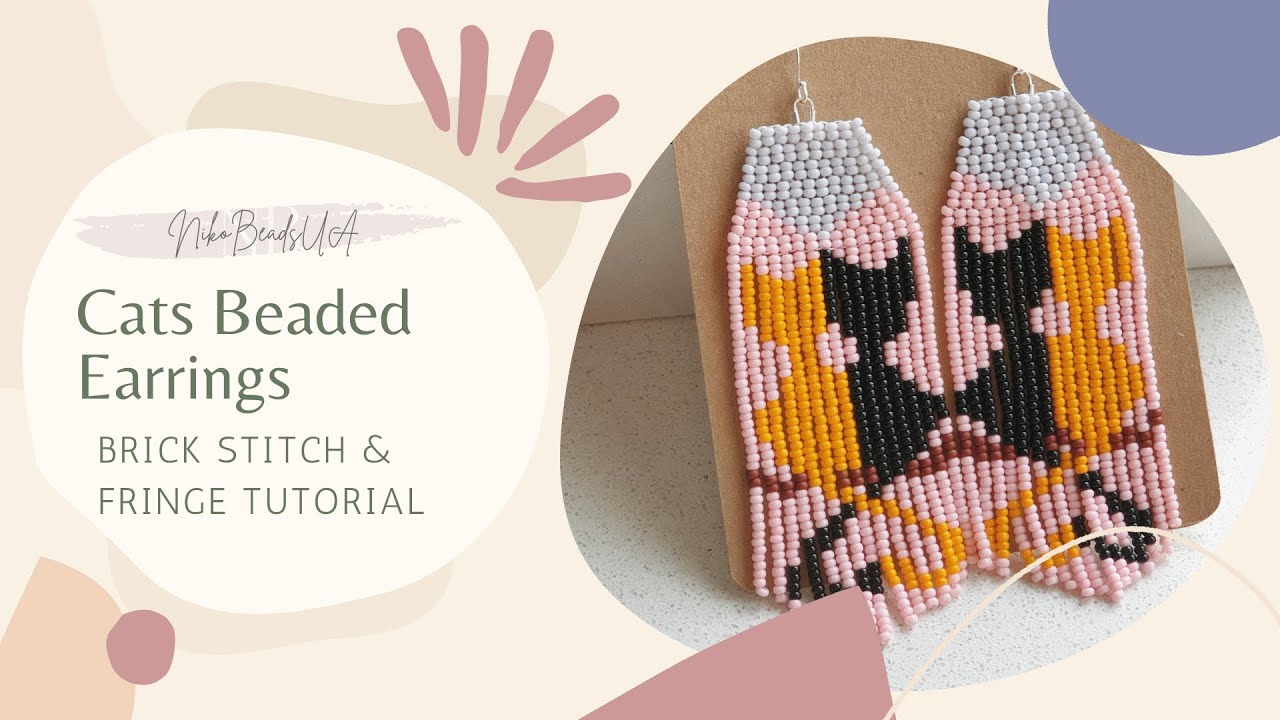 Cats beaded earrings tutorial |  Brick stitch + fringe pattern | 2-drop peyote technique