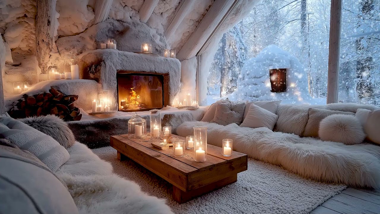 🕯️❄️ Soft Snow Piano Lounge & Fireplace Glow | White Floral Room for Deep Sleep Focus