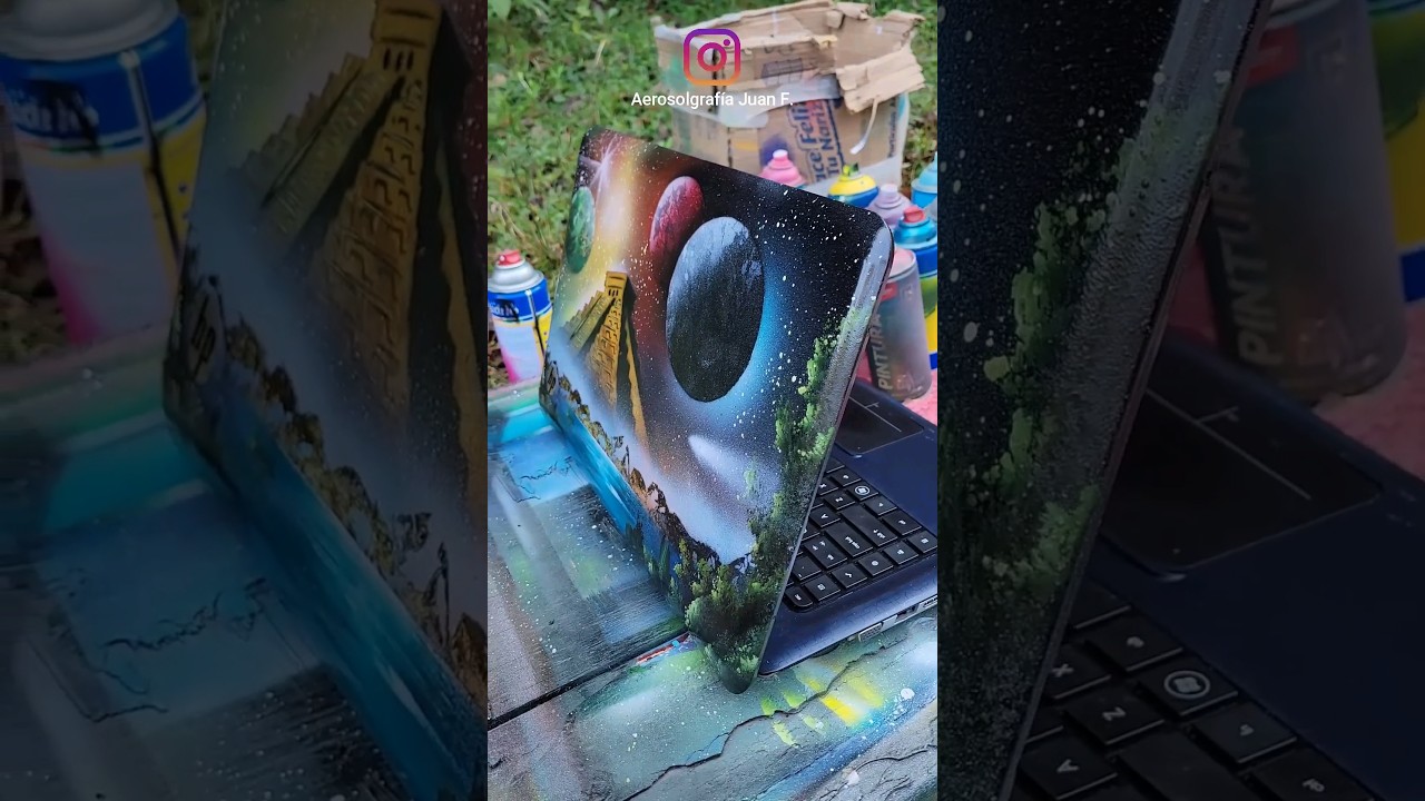 Le di un estilo unico y totalmente diferente a su laptop pintandola con spray #spraypaint #drawing