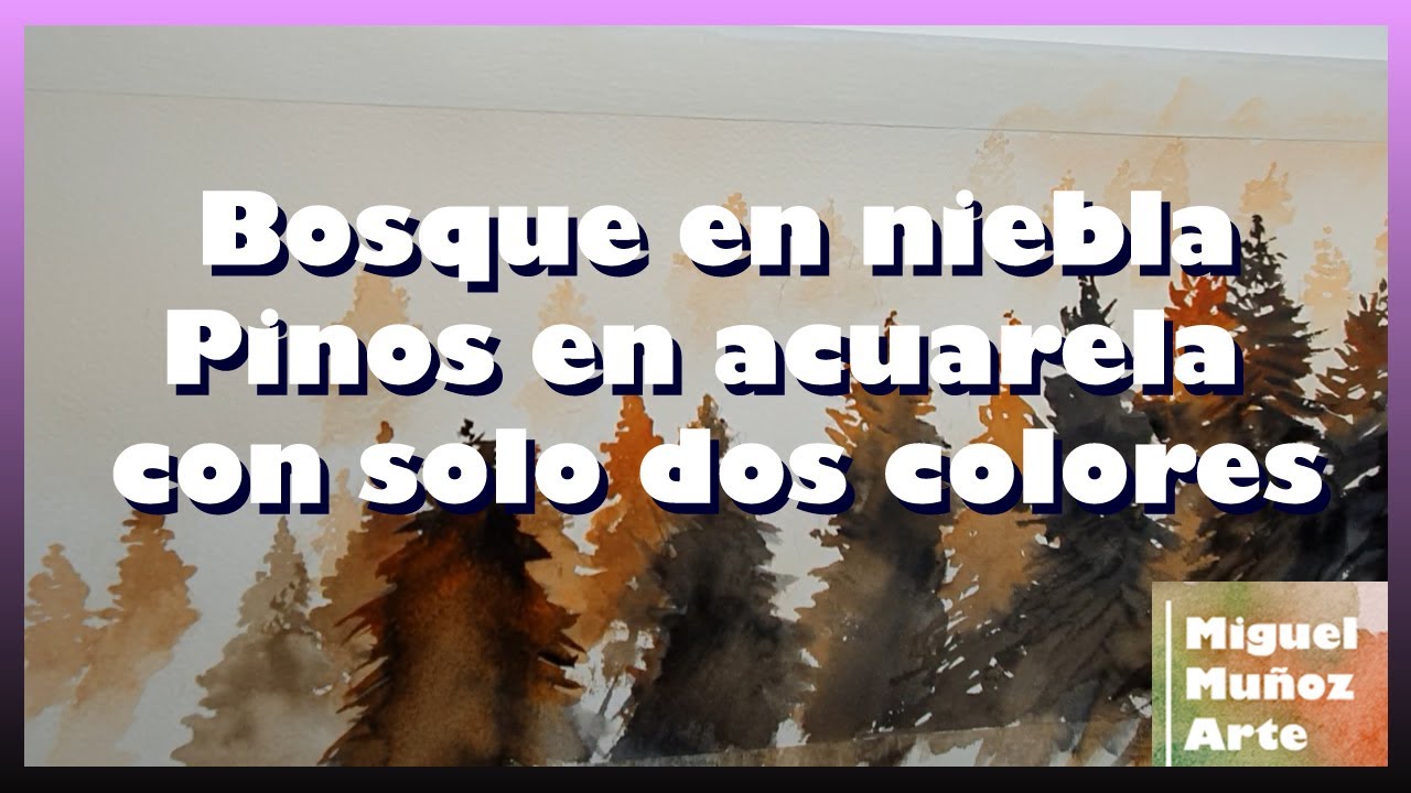 Bosque en niebla, pinos en acuarela con solo 2 colores