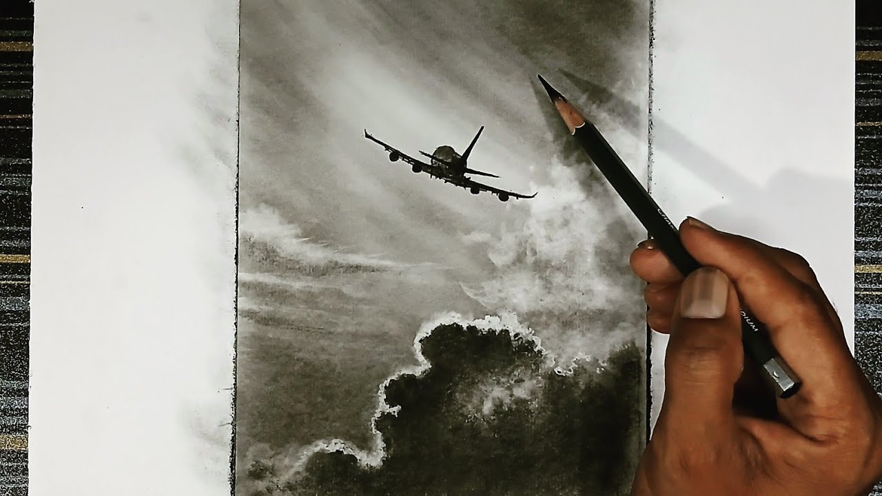 Pencil drawing of a landscape moonlight night with clouds by moonlight and an airplane flying over.
