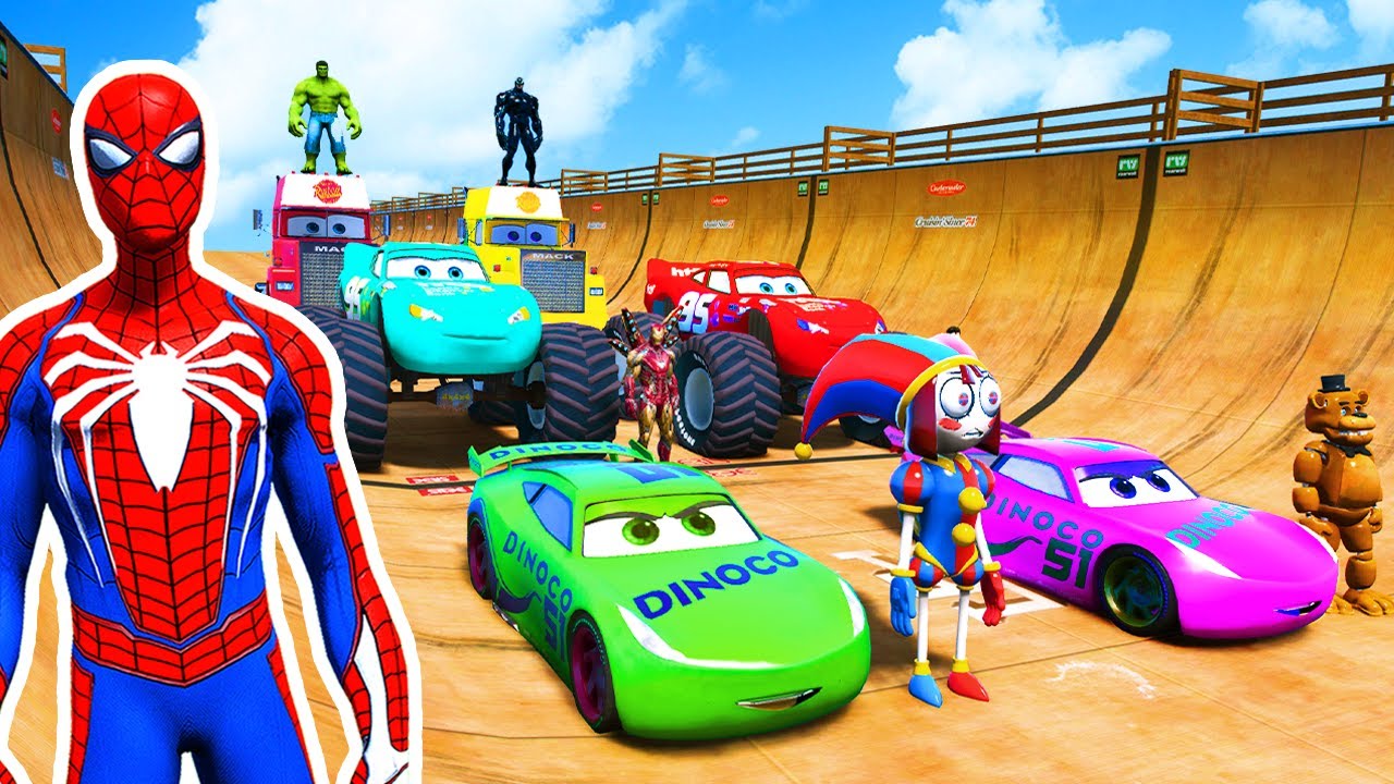 Spider-man rescues Iron man and Superheroes on Motorcycle in Epic New Stunt Race | GTA V Gameplay