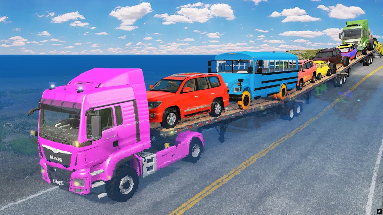 Triple Flatbed Trailer McQueen Transportation with Truck - Speedbumps vs Cars vs Train - BeamNG #16
