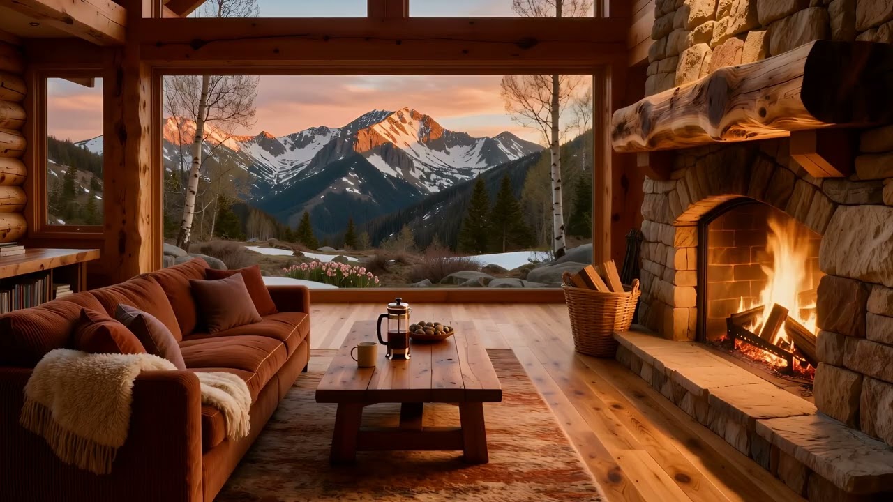 Modern Log Cabin Fireplace Ambience 🏔️🔥Early Spring Sunset View from A Cozy Living Room