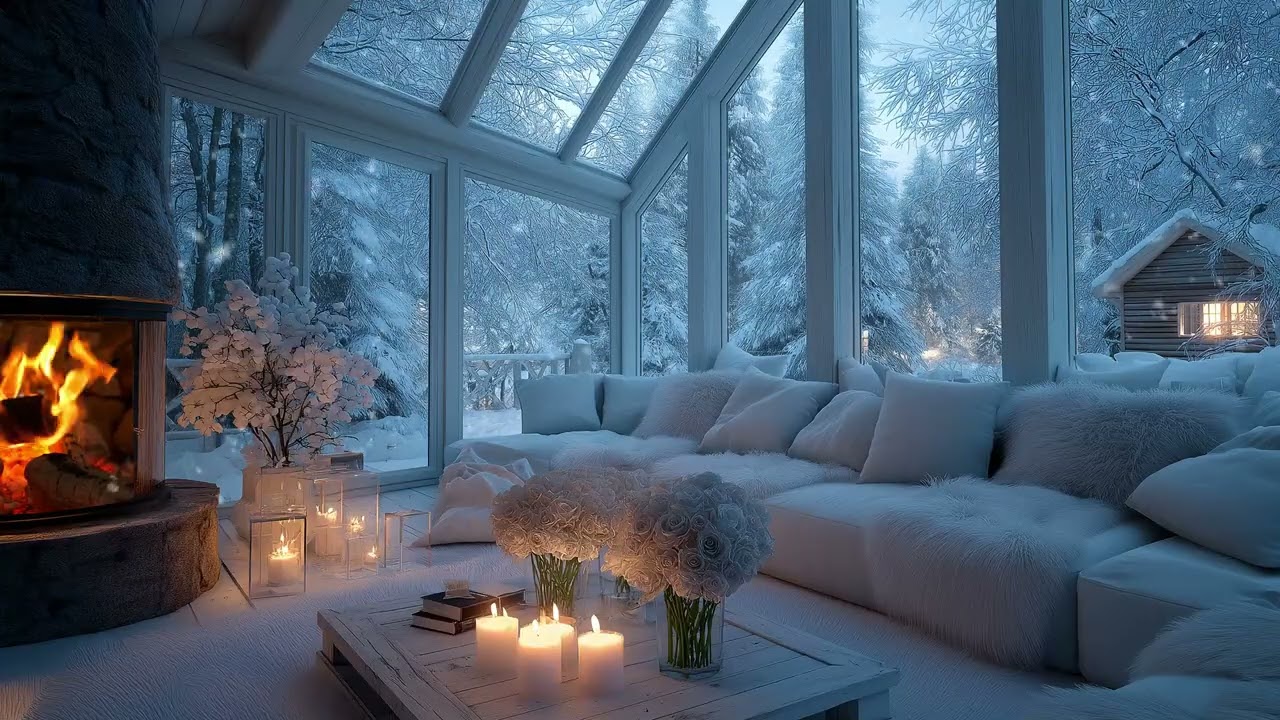 🌸🎹 Flowers & Candlelight Piano | Peaceful White Lounge Winter Scene – 5 Hours for Study Relax Calm