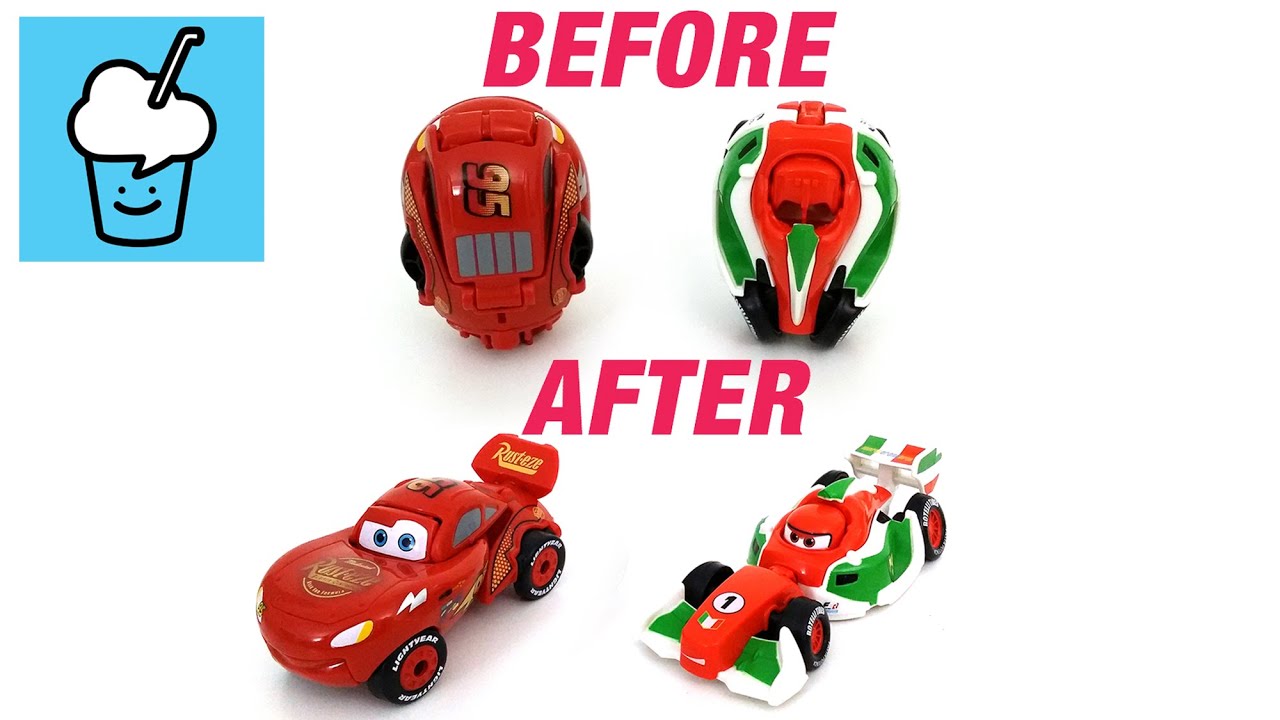 Surprise eggs transform to vehicles with Cars 2 Lightning McQueen and Francesco Bernoulli.