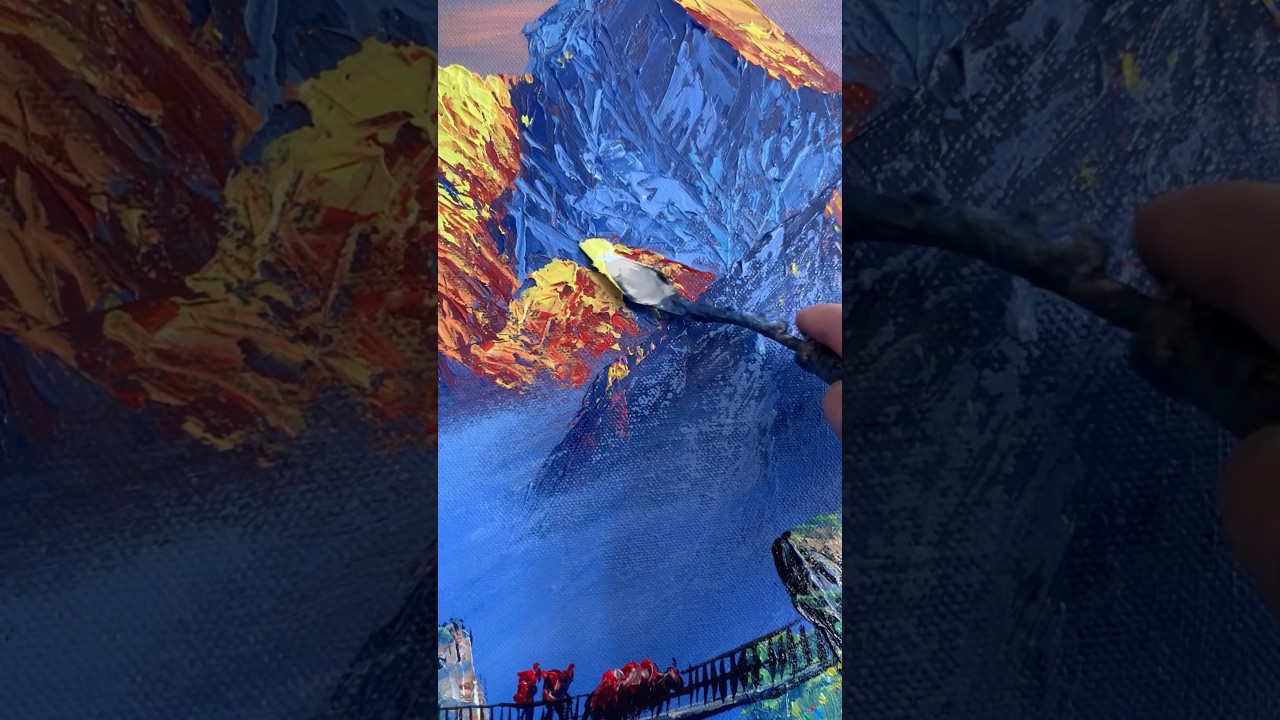 Bob Ross style red mountain painting! Awesome sunrise on mountain #art #artist #bobross