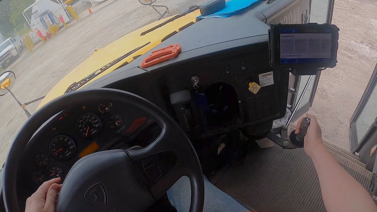 IC CE school bus POV startup & drive, MaxxForce DT CE300