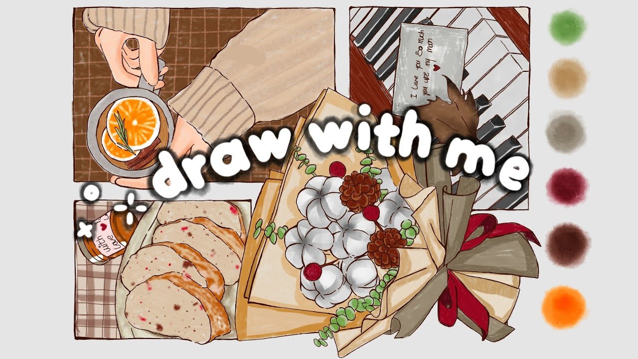 Color With Me | Cozy Winter Sketchbook Art 🍊 Hot Tea, Piano & Bouquet | Relaxing No Talking Drawing