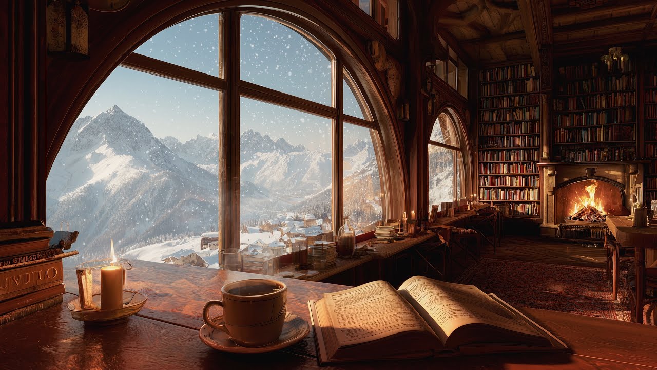 Winter Bookstore Cafe Ambience in Switzerland ❄️ Warm Jazz & Fireplace Sounds for Working, Reading