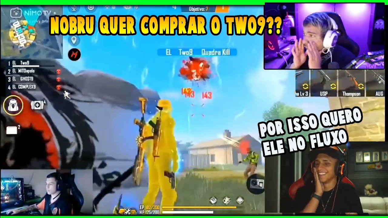 NOBRU REAGINDO AO PIUZINHO VENDO O TWO9 DESTRUIR NO FREE FIRE