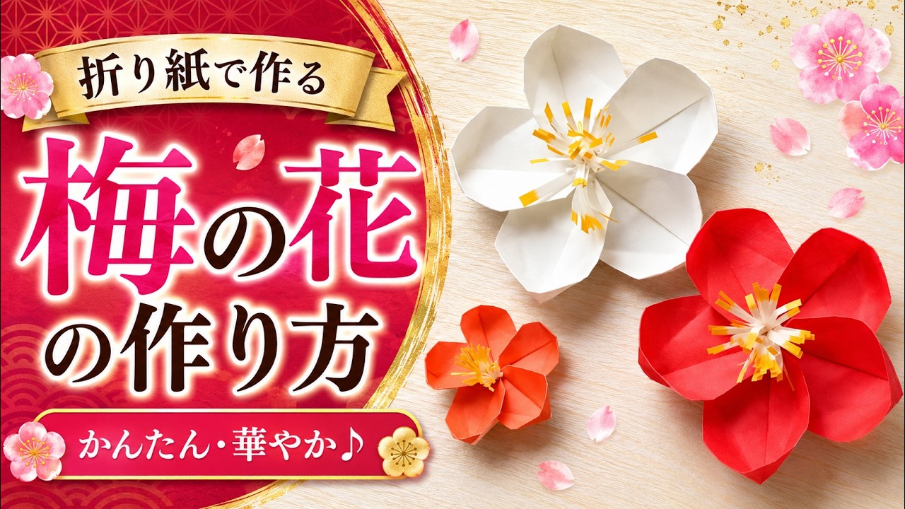 【折り紙】立体 リアルな梅の花の作り方です。お正月飾りにも使ってね　How to make origami「Ume blossom」