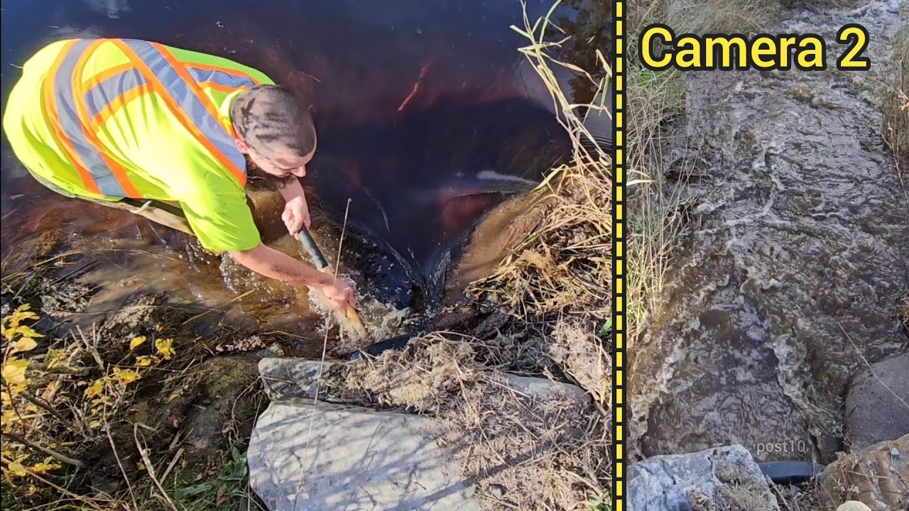 Unclogging Culvert, Creating Massive Blast Flattening Luscious Grass