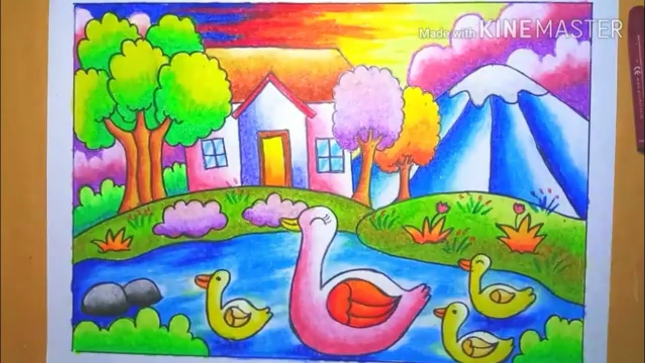 Cara menggambar dan Mewarnai Gradasi Pemandangan Rumah di Tepi Danau