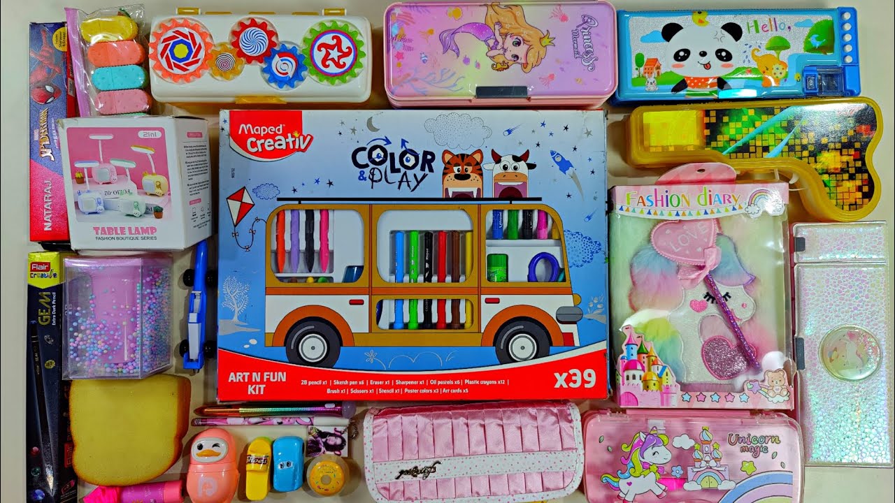 huge stationery collection, fancy collection of pencil case, light pen, cute erasner, art kit, lamp