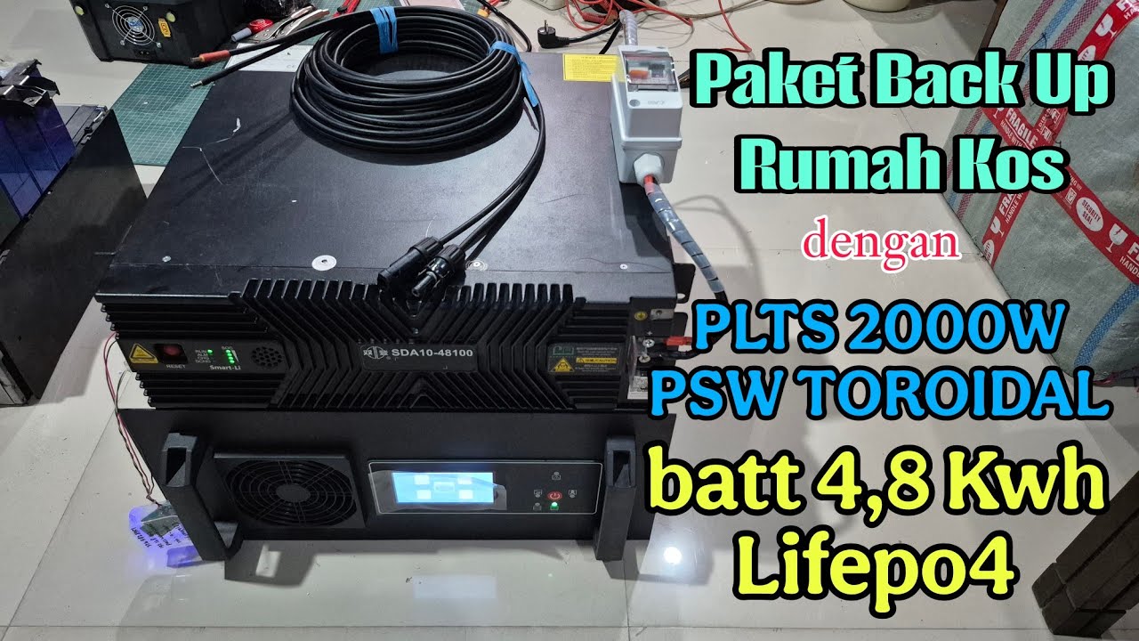 Paket PLTS back up listrik untuk rumah kos 2000w psw tipe trafo toroid baterai lifepo4 4,8 Kwh