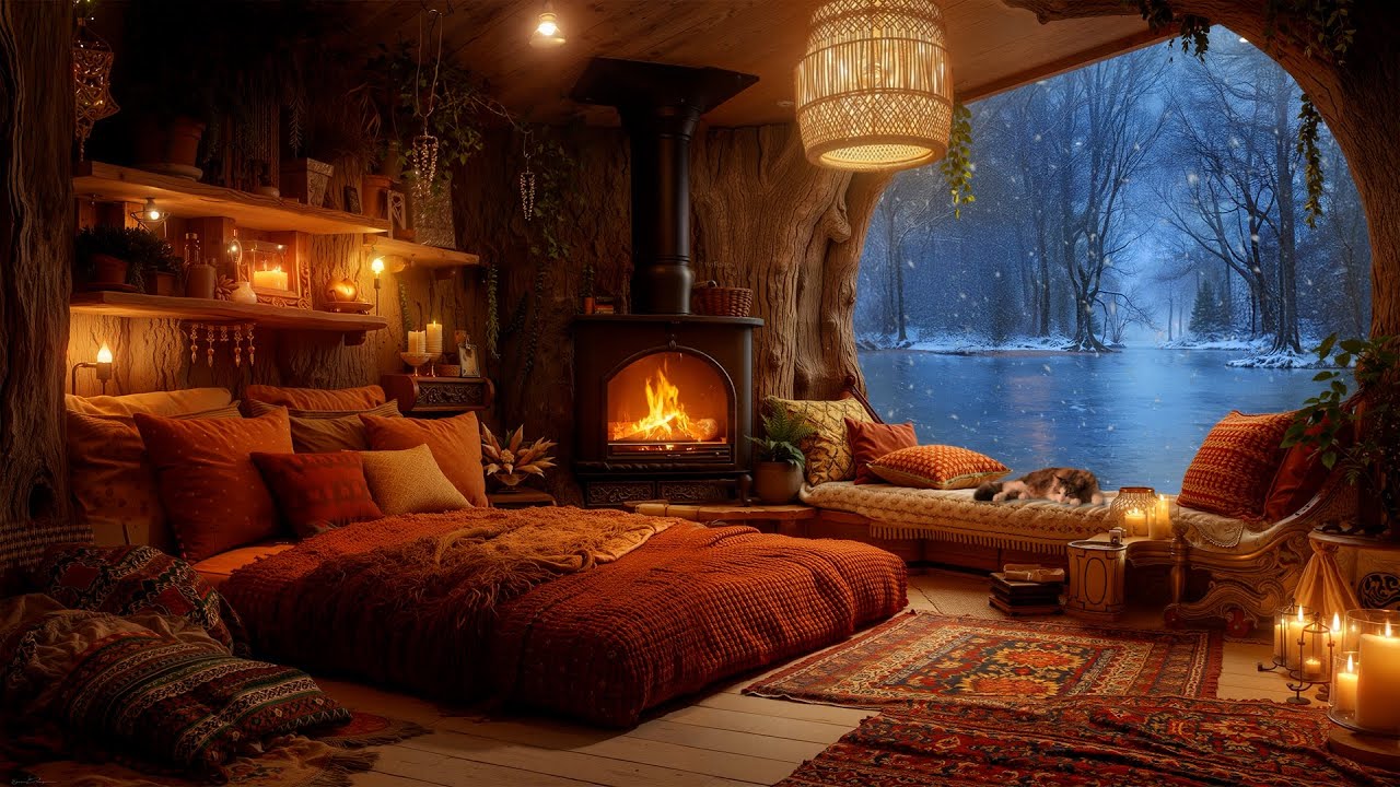 Cozy Night in a Winter Cabin ❄️ Fireplace Crackles & Soft Snowfall Sounds to Relax