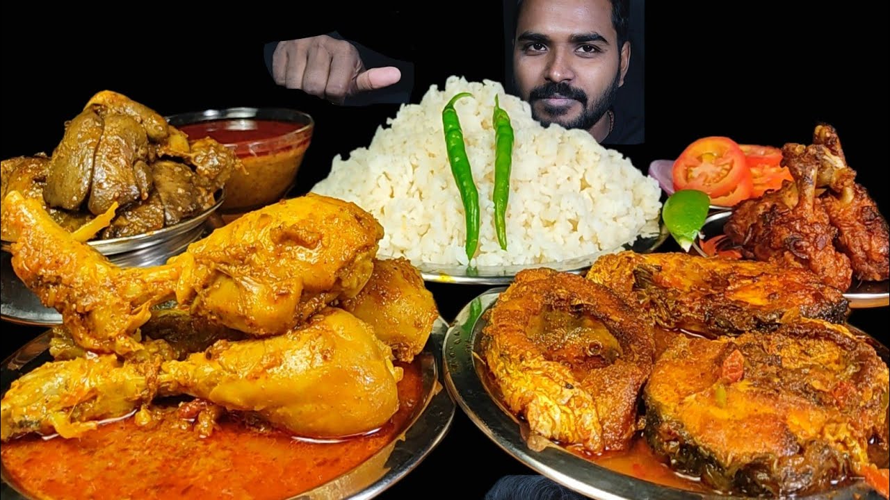 Eating Spicy Chicken Liver Gizzard Curry with Rice | Fish Curry, Chicken Lollypop & Salad Mukbang