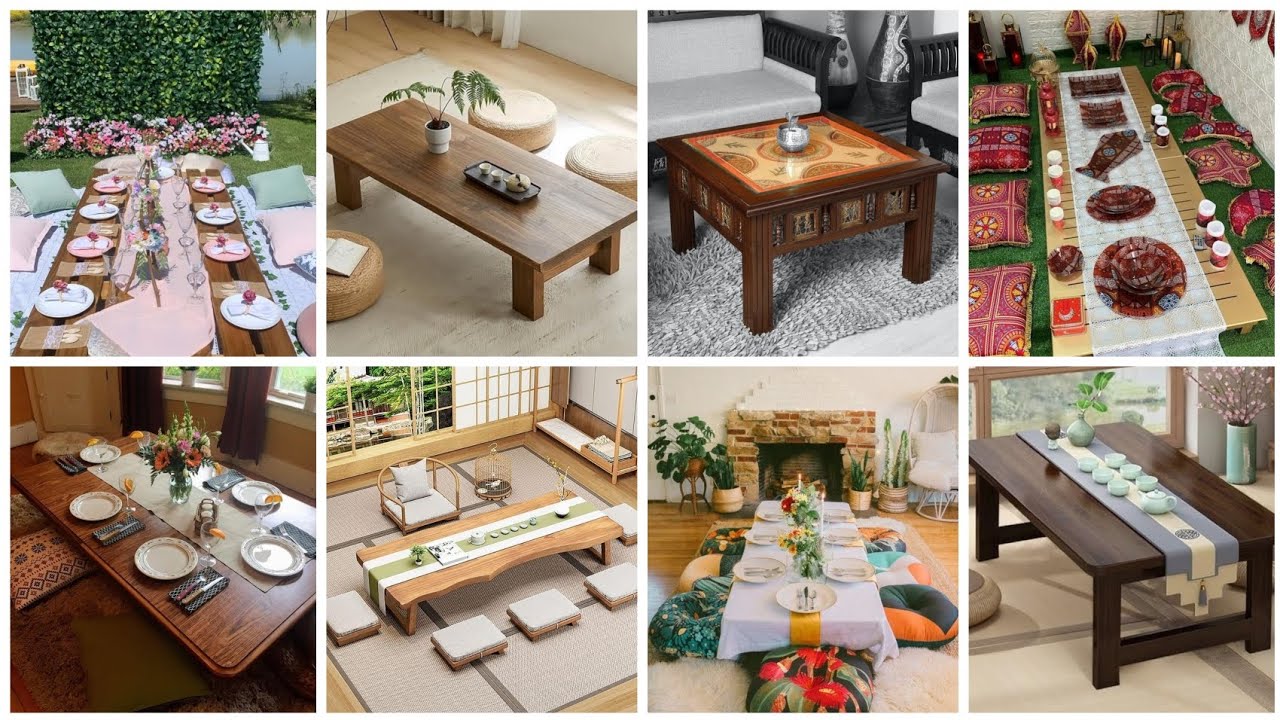 Contemporary Floor Seating Dining Table Design | Small Wooden Dining Table With Cushions