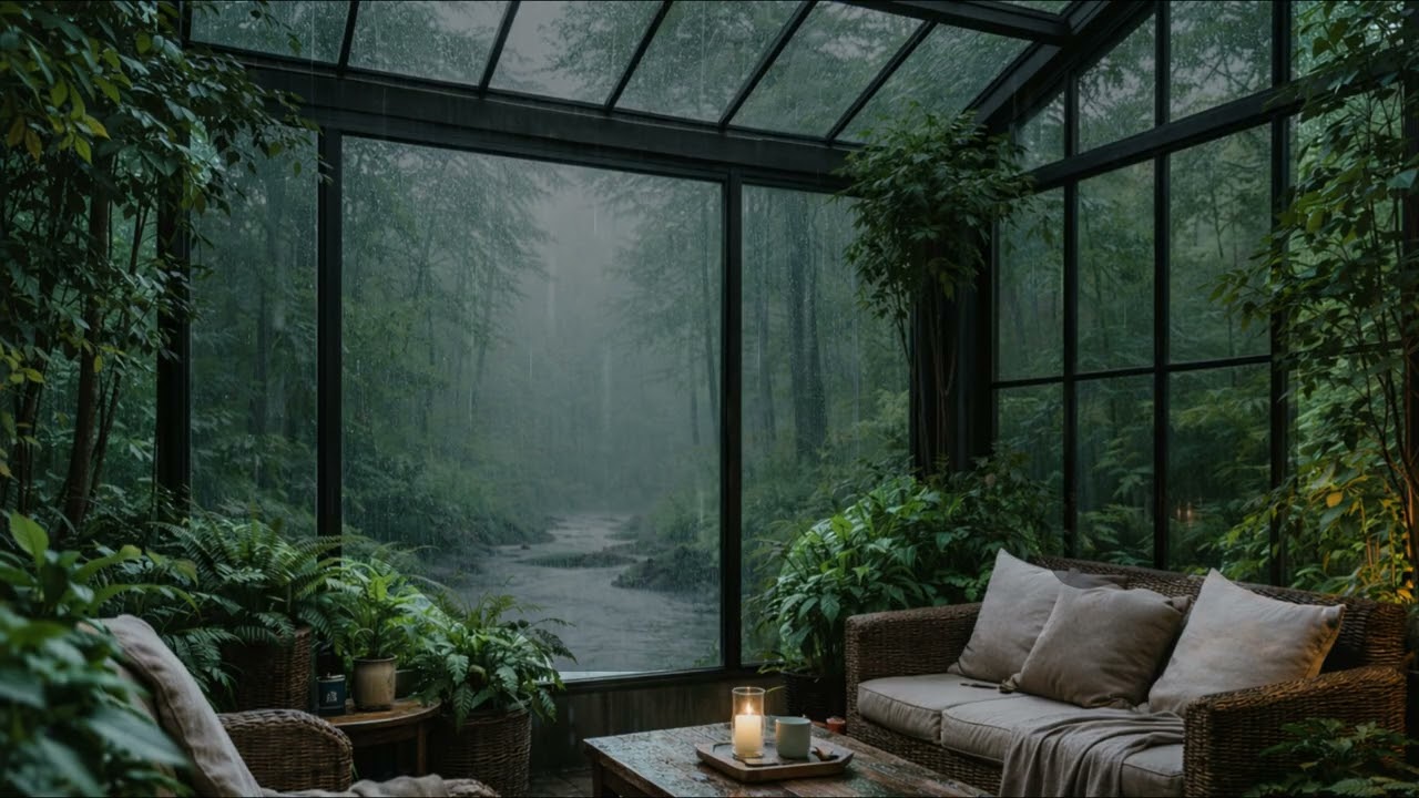 10 Hours Rain in a Lush Greenhouse 🌧️ | Calm Nature Sleep Sounds