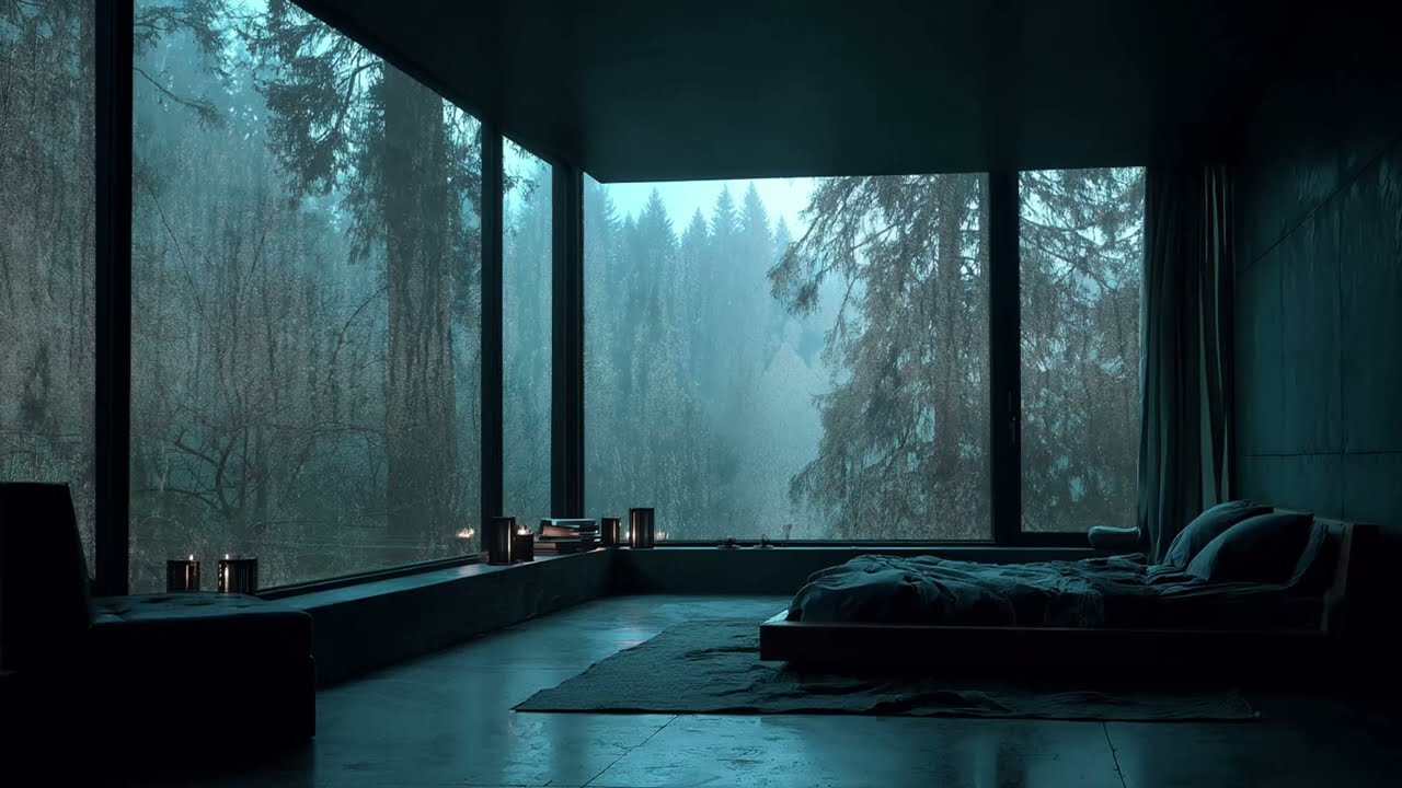 Cozy Forest Bedroom Rain on Window - Soothing Rainstorm Ambience for Sleeping and Relaxing