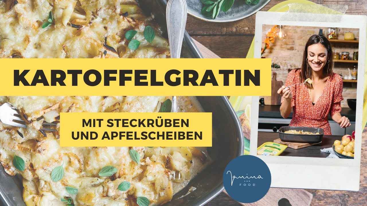Leerdammer Kartoffelgratin mit Steckrüben und Apfelscheiben