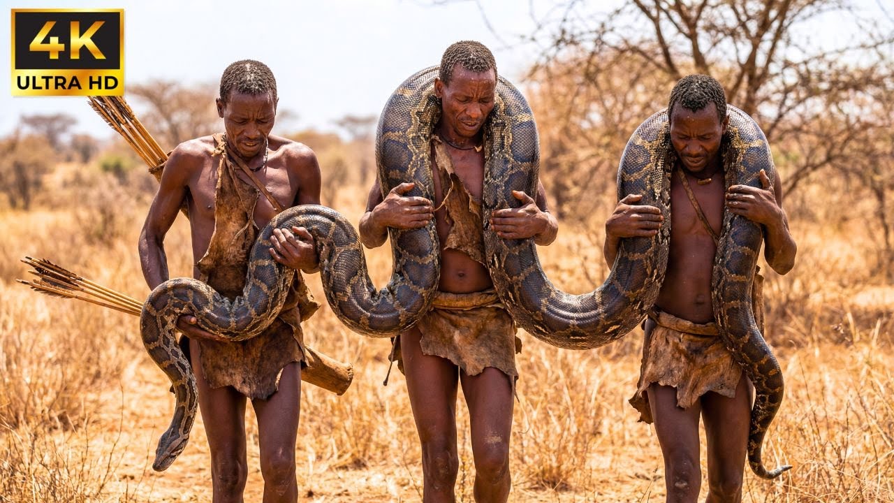 Sobrevivência Real na África: A Tribo Hadzabe Caça e Come uma Píton Gigante com Técnicas Ancestrais