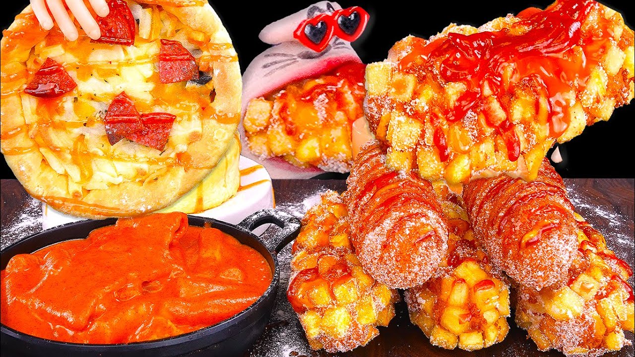 Cheese Corn dog, Rose Tteokbokki, Cheese Pizza Mukbang | REALMOUTH's ASMR MUKBANG