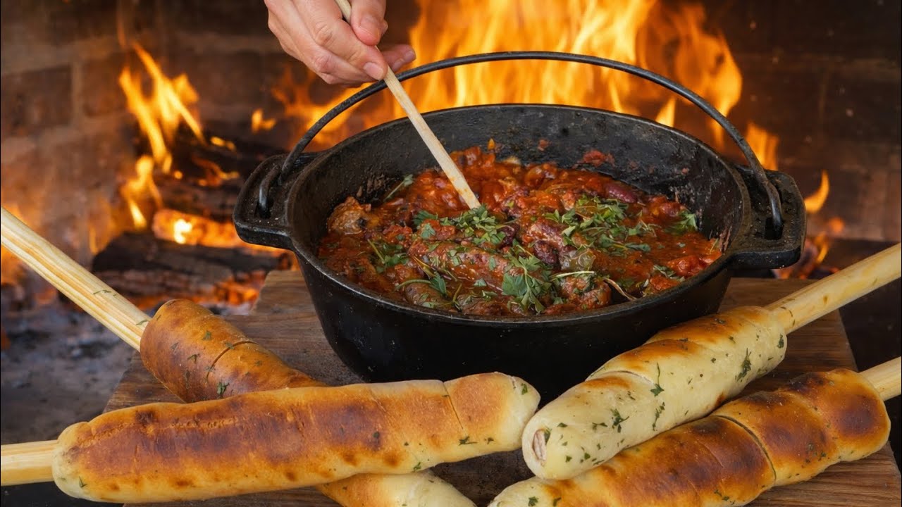 BOEREWORS POTJIE AND STOKBROOD COOKED OVER FIRE | CAMPFIRE FOOD